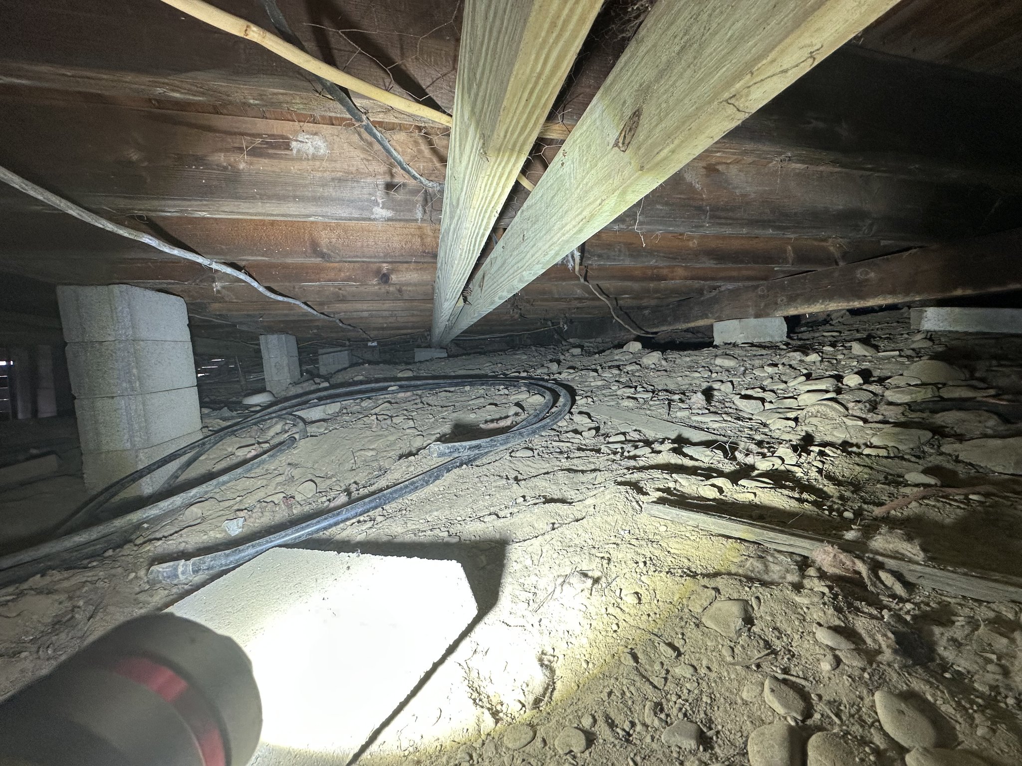 Full crawlspace span documented post-removal — concrete piers, floor joists, and soil floor fully cleared and ready for vapor barrier installation
